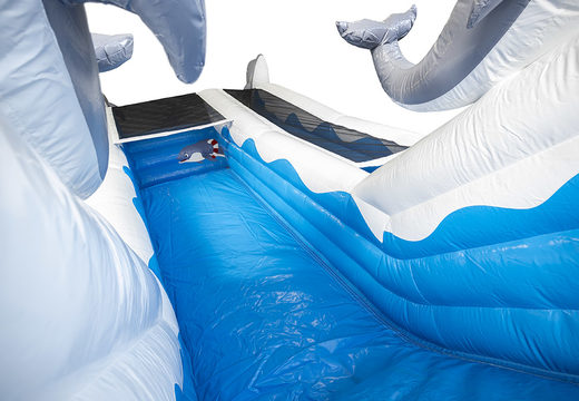 Buy a spectacular dolphin themed inflatable slide with fun prints and 3D objects for kids. Order inflatable slides now online at JB Inflatables America
