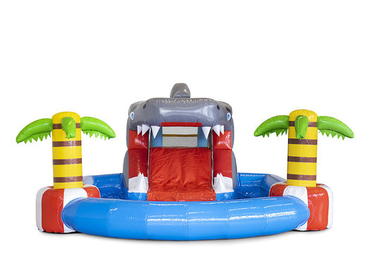 Minipark bounce house with water slide and swimming pool in shark theme for kids. Buy inflatable bounce houses online at JB Inflatables America