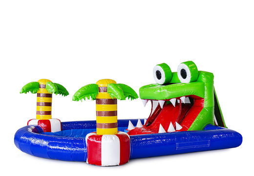 Mini park bounce house with water slide and swimming pool in a crocodile theme for kids. Buy bounce houses online at JB Inflatables America 