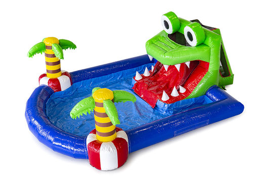 Buy large inflatable bouncy castle with water slide and pool in the mini park crocodile theme for children. Order inflatable bouncy castles online at JB Inflatables America 