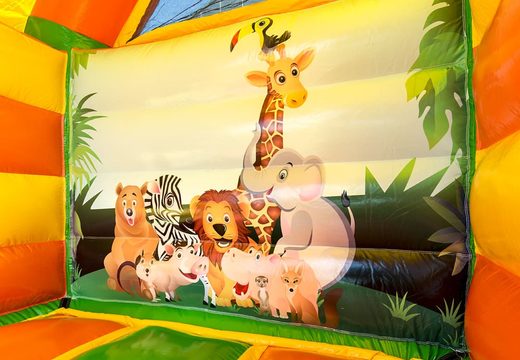 Puchase a midi multifun bounce house in jungle theme with roof for kids. Buy bounce houses at JB Inflatables America online