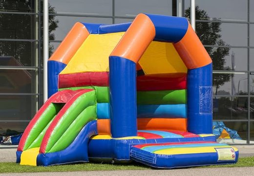 Midi multifun inflatable roofed bouncer in a standard theme and in a color combination of blue green red orange and yellow for sale. Order bouncers at JB Inflatables America online