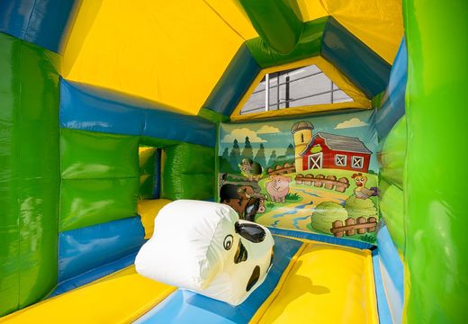 Puchase a midi multifun bounce house in farm theme with roof for kids. Buy bounce houses at JB Inflatables America online