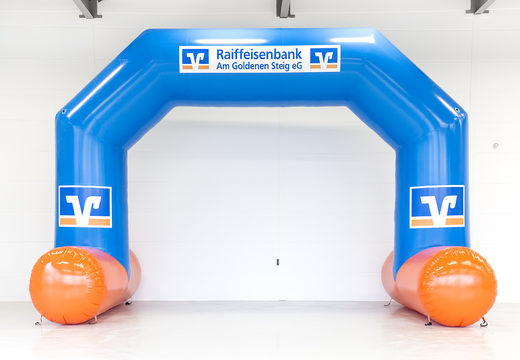Inflatable custom Raiffeisenbank advertisement archway for any event to buy at JB Promotions America; specialist in inflatable advertising items such as finish inflatable arches