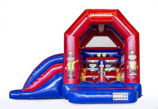 Midi inflatable multifun bounce house in fire brigade theme to buy for kids. Buy bounce houses online at JB Inflatables America