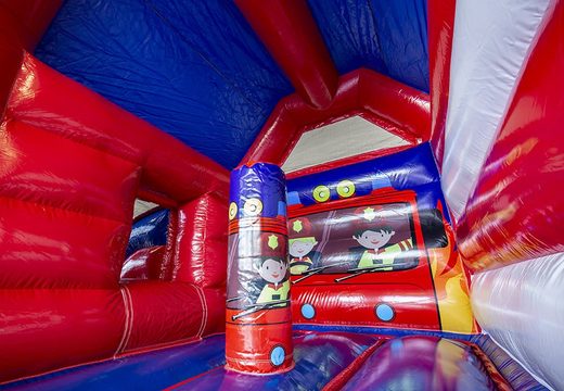Puchase a midi multifun bounce house in fire brigade theme with roof for kids. Buy bounce houses at JB Inflatables America online