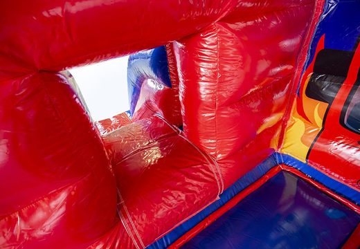 Purchase a midi multifun inflatable bounce house with roof in fire brigade theme for kids. Buy bounce house online at JB Inflatables America