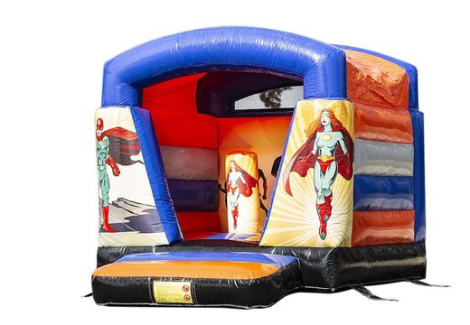 Small inflatable bounce house superheroes blue and red with roof for sale. Available at JB Inflatables America online