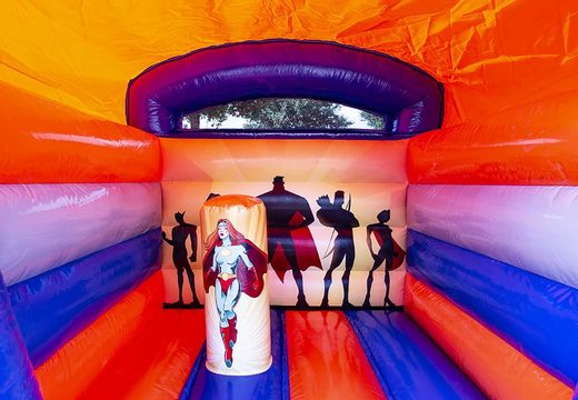 Small roofed inflatable bounce house for commercial use to buy in superhero theme. Available at JB Inflatables America online 