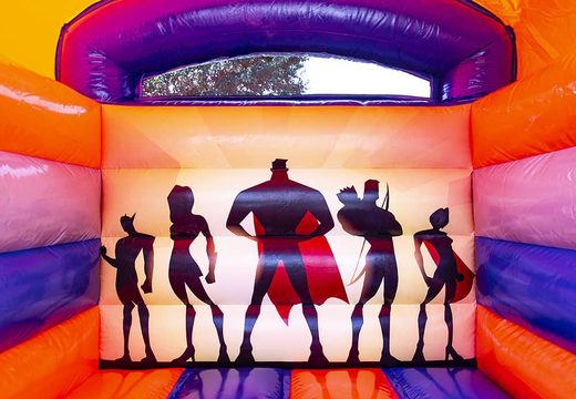 Small commercial use bounce house for sale in superhero theme blue and orange for kids. Buy bounce houses at JB Inflatables America online