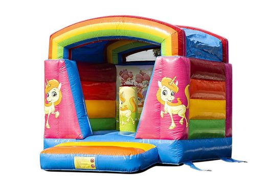 Small inflatable bounce house in rainbow unicorn theme to buy for kids. Available at JB Inflatables America online