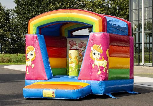 Mini roofed inflatable bounce house in unicorn colourful theme for kids for sale. Buy bounce houses at JB Inflatables America online