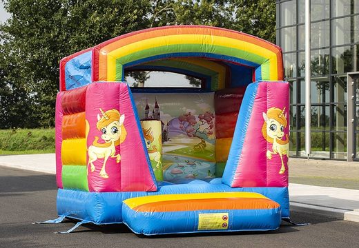 Small inflatable roofed bouncer in rainbow theme unicorn for sale at JB Inflatables America online