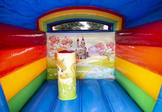 Small inflatable bounce house for commercial use in unicorn theme to purchase for kids. Buy bounce houses at JB Inflatables America online