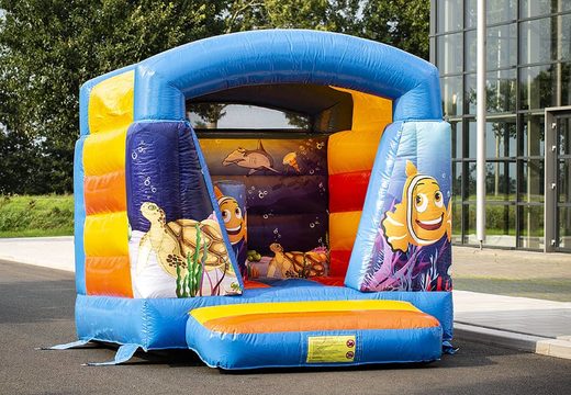 Small blue inflatable bouncer with roof for children for sale in sea theme. Visit JB Inflatables America online