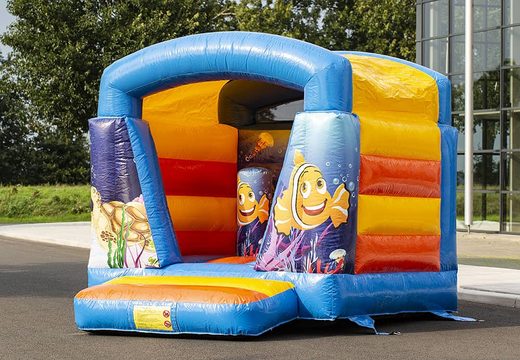 Small blue inflatable bounce house with roof for kids in seaworld theme for sale. Buy our bounce houses at JB inflatables America online