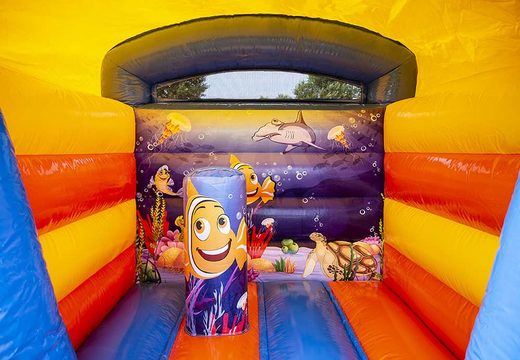 Buy a small blue inflatable bounce house with roof for kids for commercial use in sea theme. Order bounce houses online at JB Inflatables America