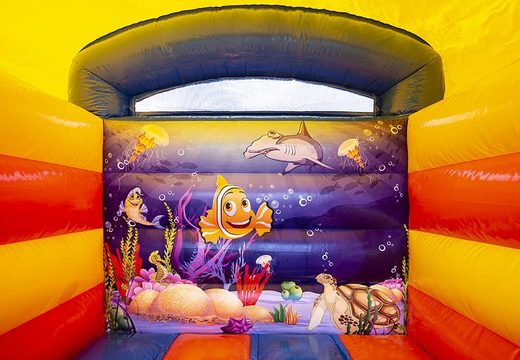 Small inflatable bouncer with roof in ocean theme blue for sale. Bouncers available at JB Inflatables America online
