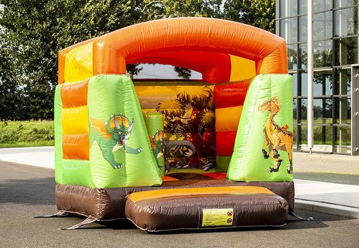 Small inflatable bouncer with roof in dino theme to buy orange green for kids. Check us at JB Inflatables online