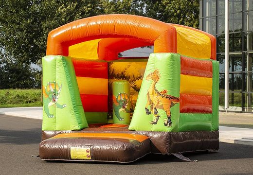 Inflatable small bounce house with roof orange green for children for sale with dinosaur. Find our bounce houses at JB Inflatables online