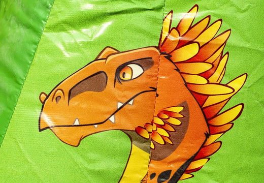 Small bouncer with roof to buy in green and orange color theme with dinosaur. Bouncers available at JB Inflatables online