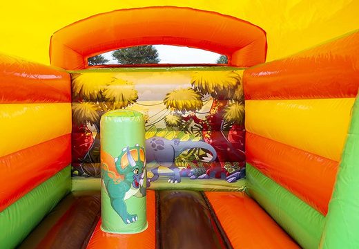 Mini roofed bounce house yellow and green in dinosaur theme to buy for kids. Bounce houses available at JB Inflatables America online
