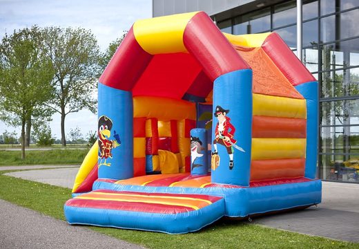 Midi multifun inflatable roofed bouncer in pirate theme and in a color combination of red blue yellow and orange for sale. Order bouncers at JB Inflatables America online