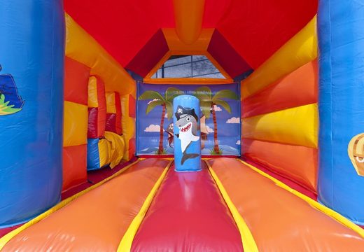 Puchase a midi multifun bounce house in pirate theme with roof for kids. Buy bounce houses at JB Inflatables America online