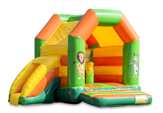 Midi inflatable multifun bounce house with roof in jungle theme to buy for kids. Buy bounce houses online at JB Inflatables America