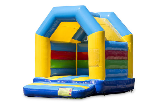 Buy a standard midi inflatable bounce house in a color combination of blue green yellow and red for kids. Order bounce houses at JB Inflatables America online