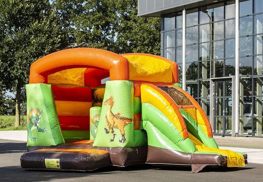 Inflatable multifun bouncer with slide green in dino theme for kids to buy. Buy bouncers online at JB Inflatables America