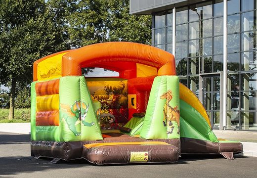 Mini multifun bounce house with slide in dinosaur theme for birthday party for sale. Buy bounce houses online at JB Inflatables America