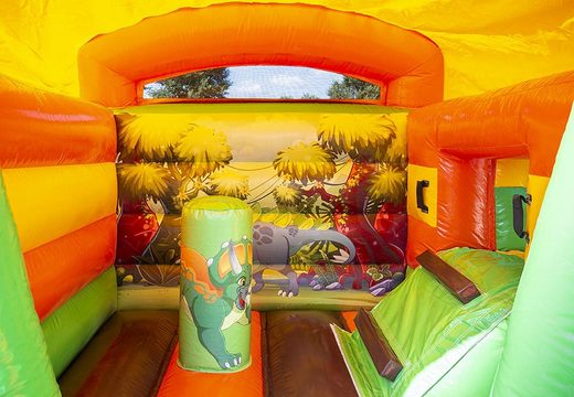 Purchase a small backyard multifun bounce house with slide in dinosaur theme for kids. Bounce houses are online available at JB Inflatables America
