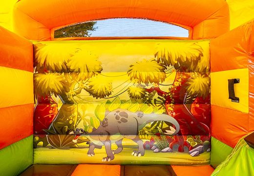 Buy a small roofed multifun inflatable bouncy castle with slide orange and green in dino theme. Buy bouncy castles at JB Inflatables America online
