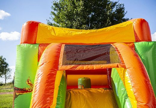 Order a small inflatable multifun bounce house for birthday party with slide in dino theme.  Multifun bounce houses are for sale at JB Inflatables America online 