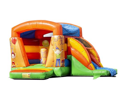 Small inflatable bouncer with roof and slide in party theme to buy at JB Inflatables America online