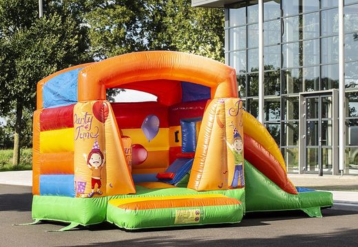Purchase a small inflatable bouncy castle orange green yellow with slide for kids. Find our bouncy castles at JB Inflatables America online