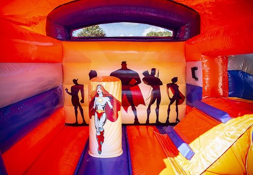 Buy a small commercial use multifun bounce house in superhero theme blue and orange for kids. Bounce houses online available at JB Inflatables America