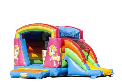Small inflatable multifun bounce house in rainbow unicorn theme to buy for kids. Buy bounce houses online at JB Inflatables America