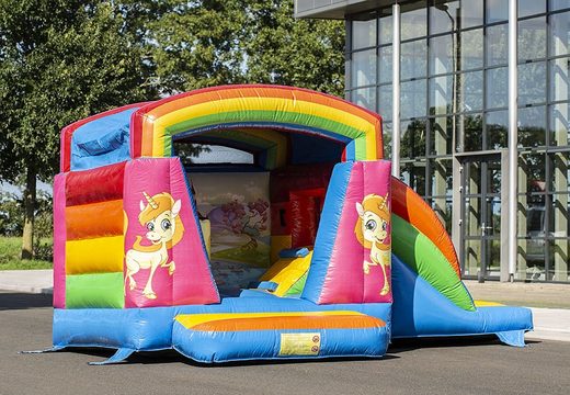 Small multifun inflatable roofed bouncer in unicorn theme for sale. Order bouncers at JB Inflatables America online 