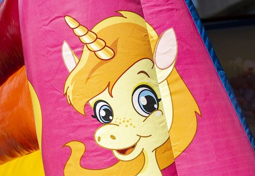 Puchase a small multifun bounce house in unicorn theme with roof for kids. Buy bounce houses at JB Inflatables America online