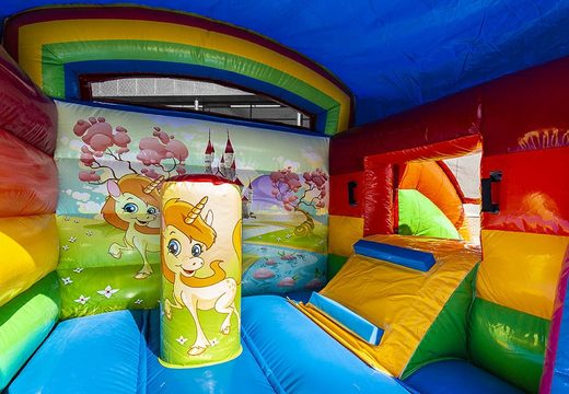 Small multifun bounce house for commercial use in unicorn theme to purchase for kids. Bounce houses are for sale at JB Inflatables America online