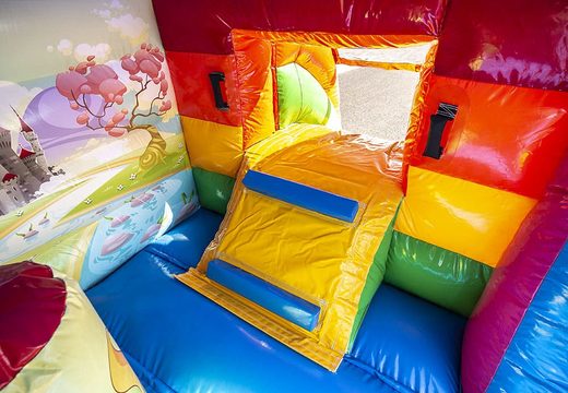 Order a mini roofed multifun inflatable bouncer for kids in rainbow unicorn theme. Buy bouncers at JB Inflatbles America online
