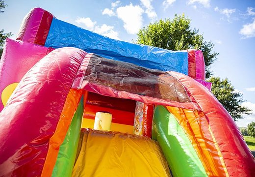 Small inflatable multifun bounce house in rainbow unicorn theme to buy for kids. Bounce houses online available at JB Inflatables America