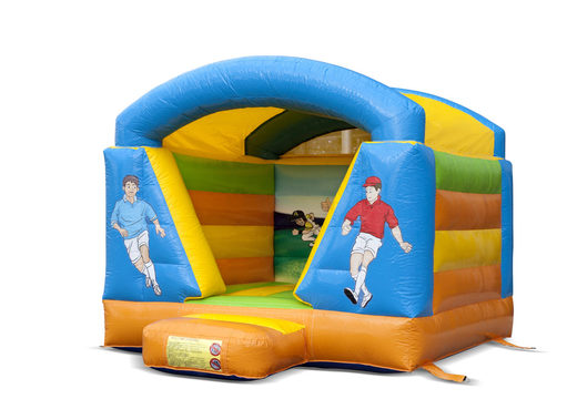 Small inflatable soccer themed bounce house with roof in a color combination of blue yellow green and orange for sale. Order bounce houses at JB Inflatables America online