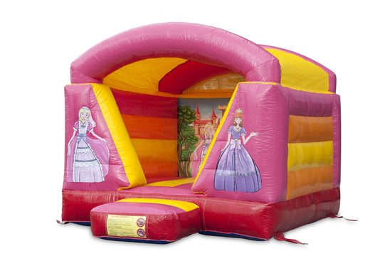 Buy a small inflatable bounce house with roof in pink and yellow princess theme for kids. Order bounce houses now at JB Inflatables America online