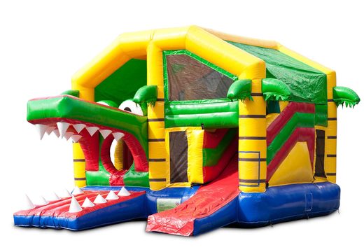 Buy an inflatable indoor multiplay bounce house with slide in a crocodile theme for children. Order inflatable bounce houses online at JB Inflatables America
