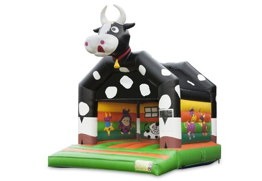 Buy a standard bouncy castle for children in striking colors with a large 3D object of a cow on top. Buy inflatables online at JB Inflatables America