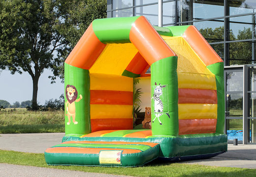 Midi jungle themed bounce house in a color combination of green yellow and orange for kids for sale. Buy bounce houses at JB Inflatables America online