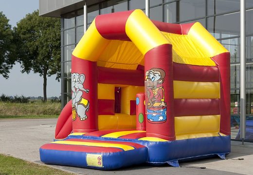 Midi inflatable multifun bounce house with roof in circus theme to buy for kids. Buy bounce houses online at JB Inflatables America